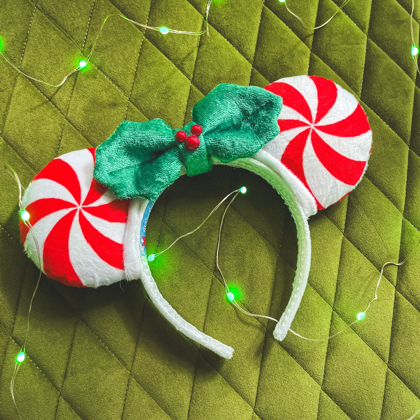 Full-Size Peppermint Ears with Green Holly Bow