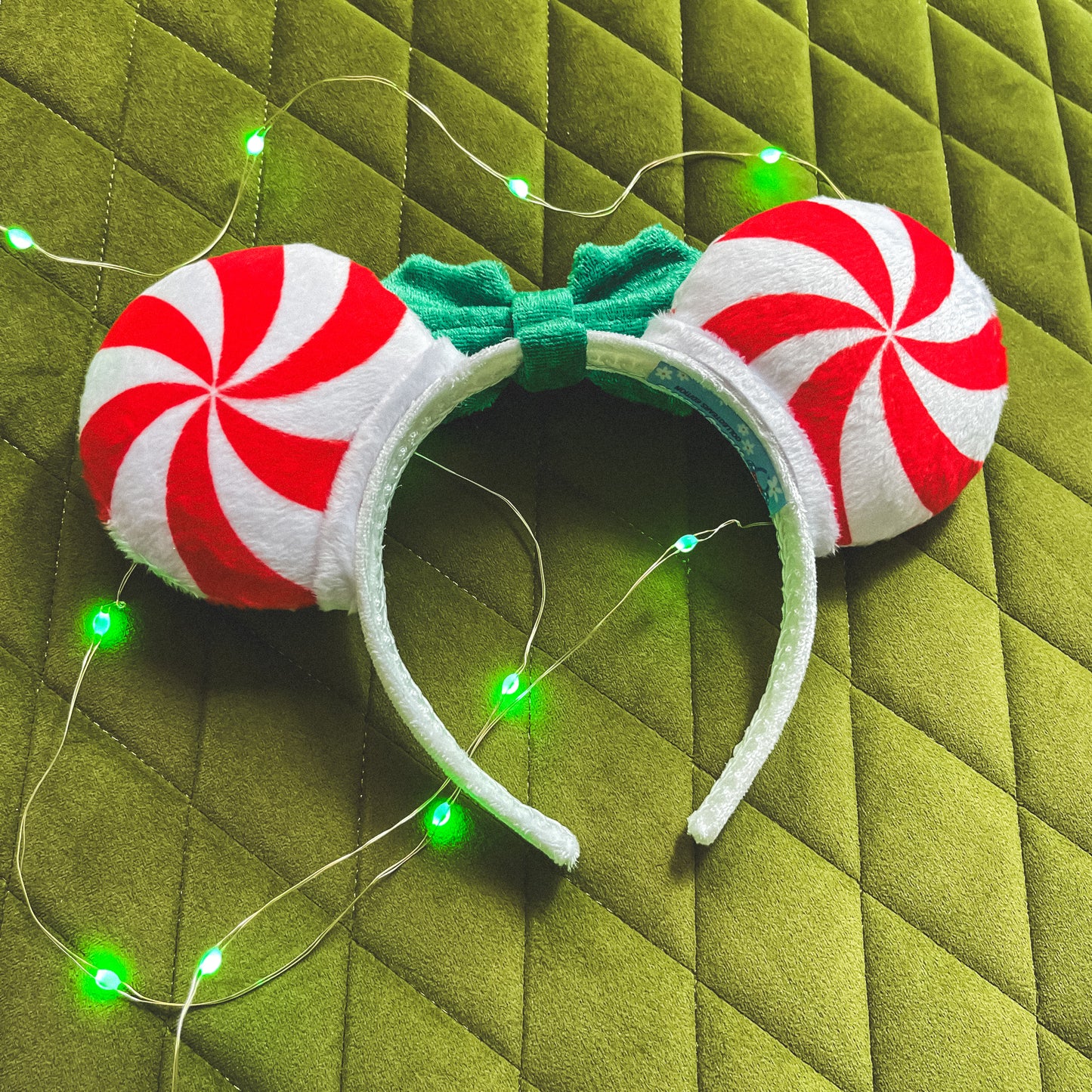 Full-Size Peppermint Ears with Green Holly Bow